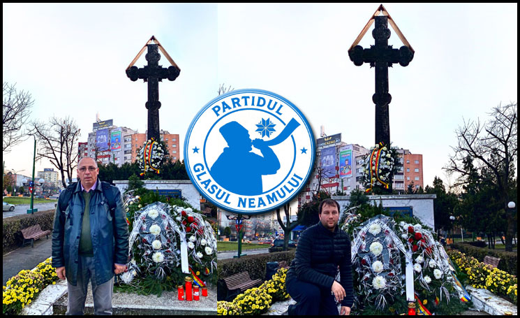 Depunere de coroană de flori de către Organizația Județeană Brașov a Partidului Glasul Neamului la Monumentul Revoltei de la Brașov, 15 Noiembrie 1987