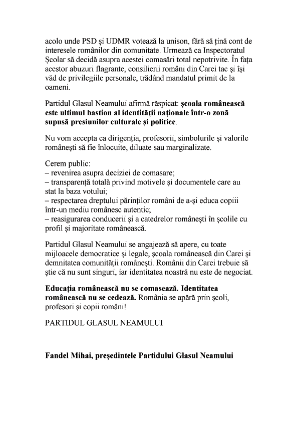 Comunicat de presă: Educația românească nu se comasează. Identitatea românească nu se cedează