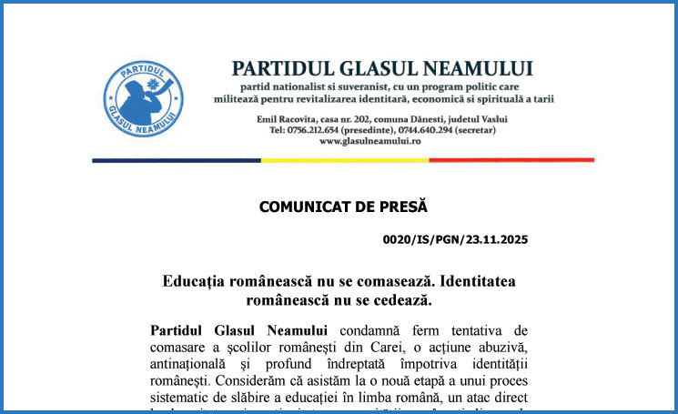 Comunicat de presă: Educația românească nu se comasează. Identitatea românească nu se cedează
